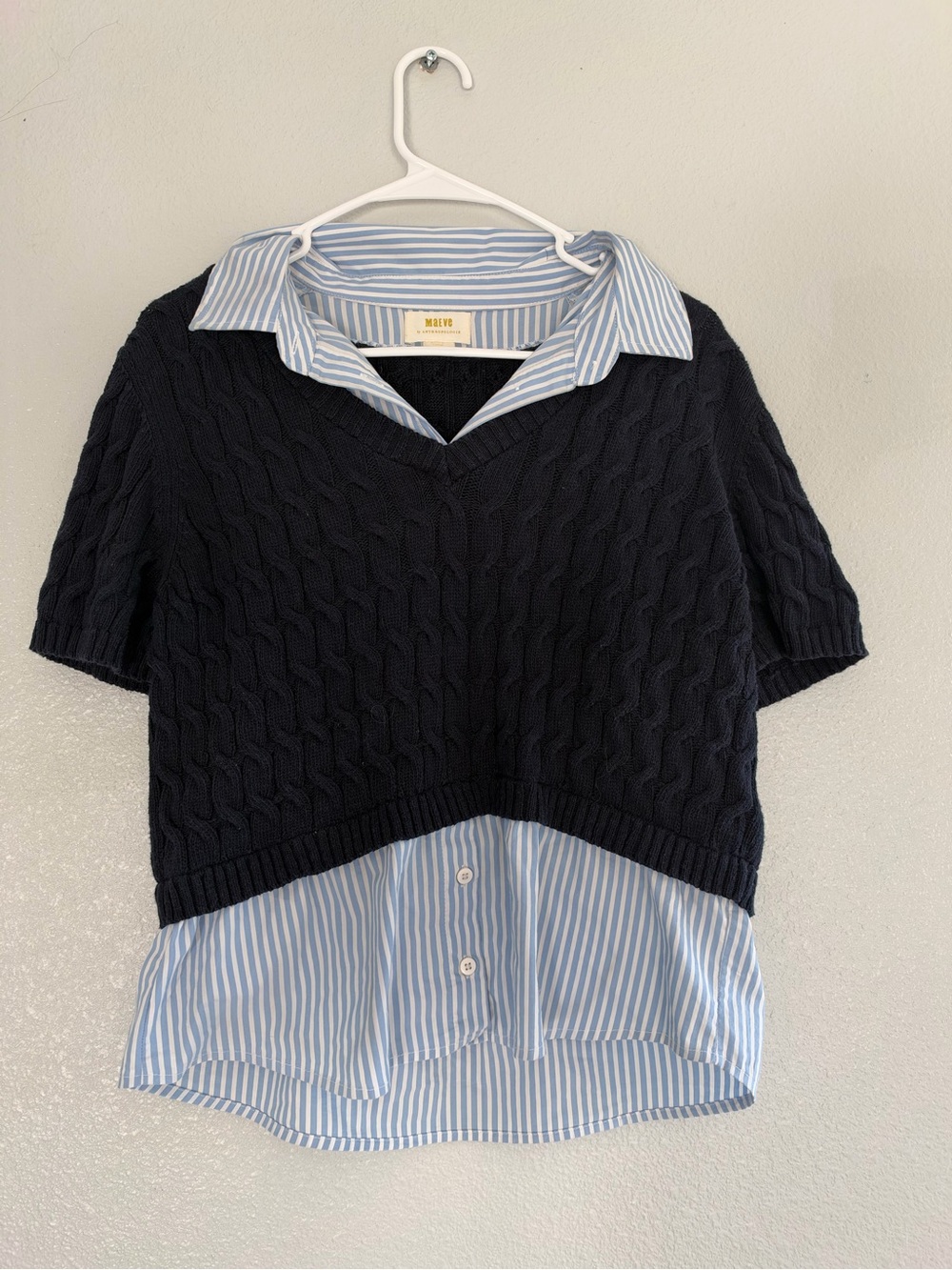 100% Cotton Navy Cable-Knit Layered Sweater with Blue Stripe Shirt